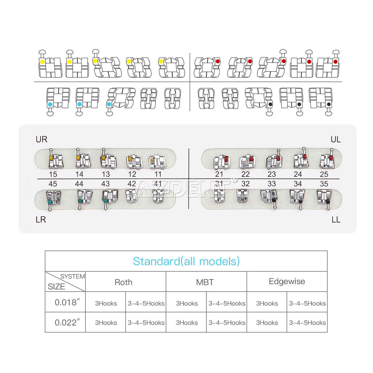 AZDENT Dental Orthodontic Brackets Braces Metal Standard Roth Slot.022 Hooks 345