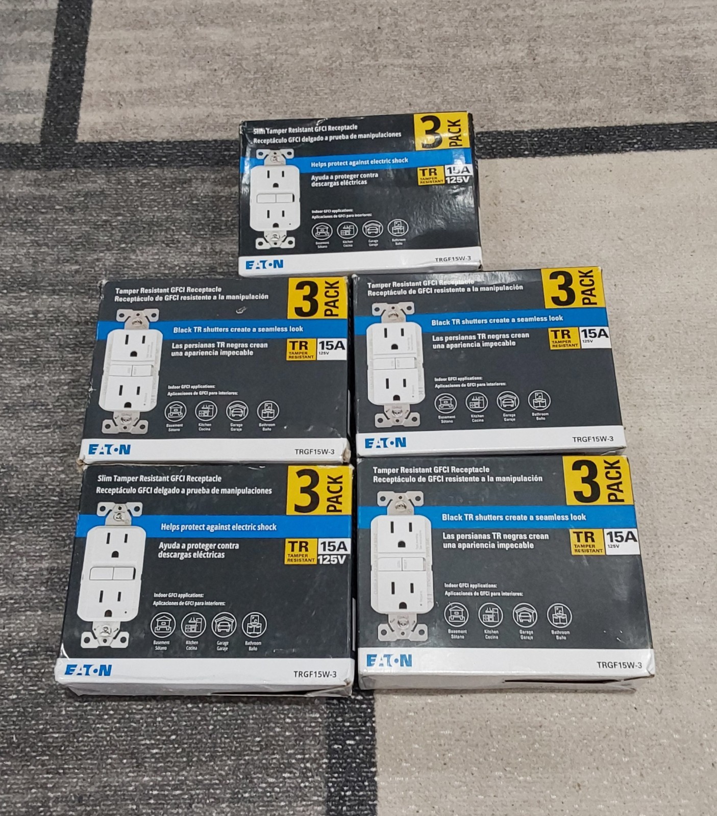 Eaton Tamper Resistant TRGF15W-3 15A/125V GFCI Recept 3-pack White LOT OF 5 NEW