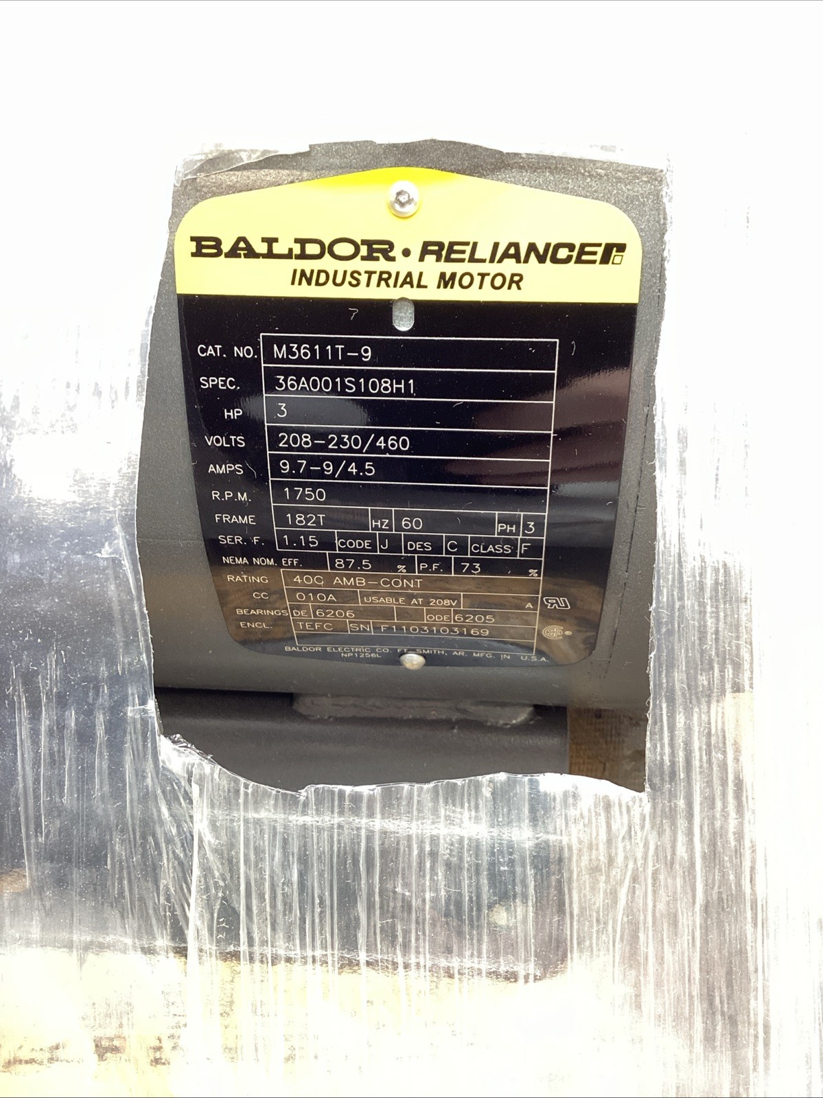 Baldor Reliance Industrial Motor M3611T-9 3HP 208-230/460V FR 182T NIB