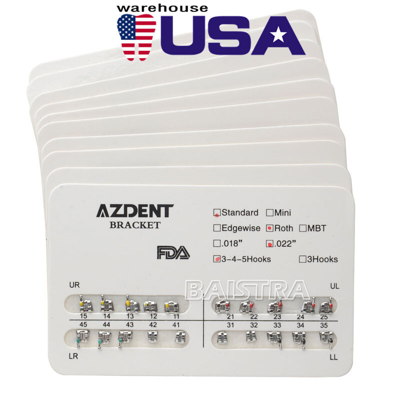 AZDENT Dental Orthodontic Brackets Braces Metal Standard Roth Slot.022 Hooks 345