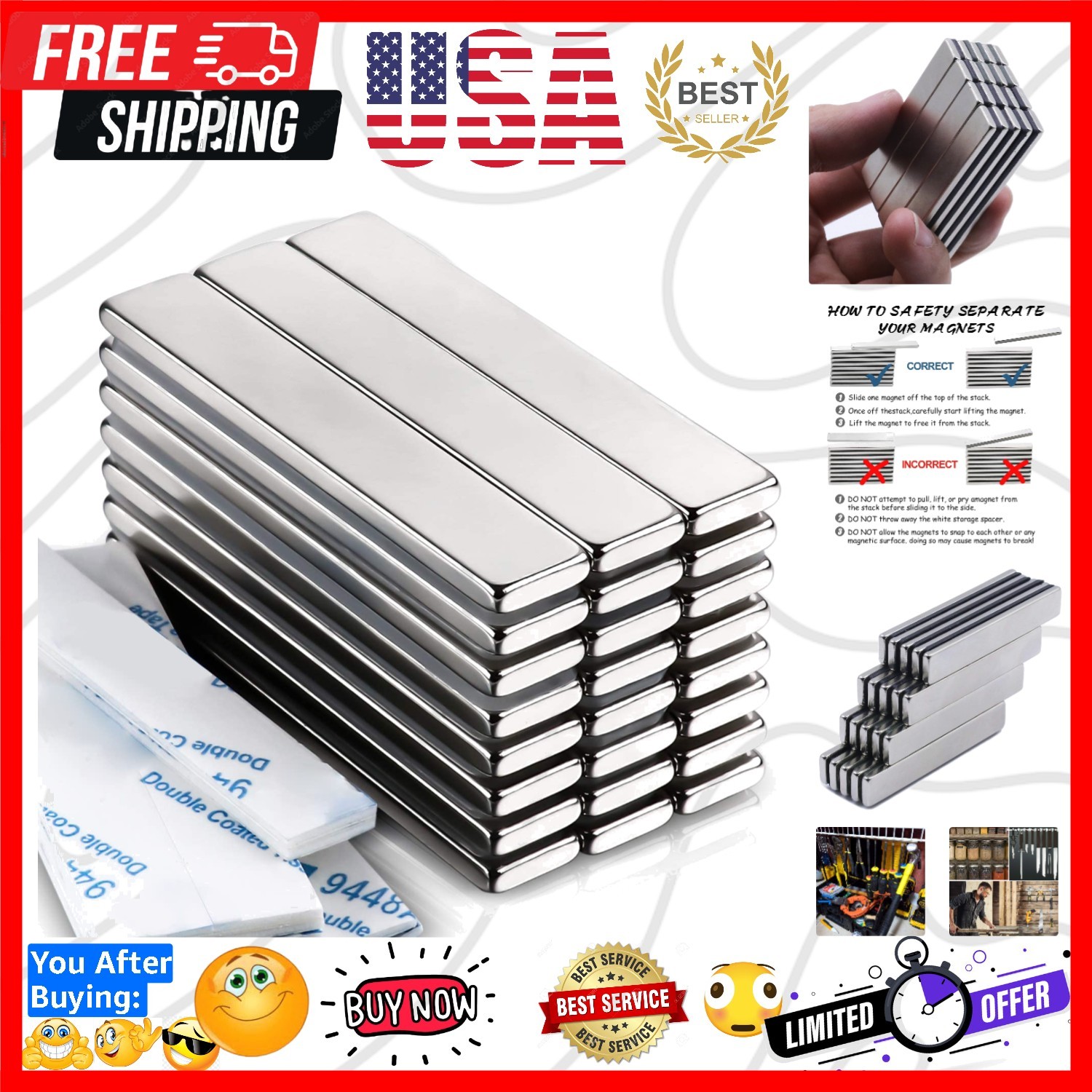 Powerful Neodymium Bar Magnets, Rare Earth Metal Neodymium Magnet – 60 x 10 x…