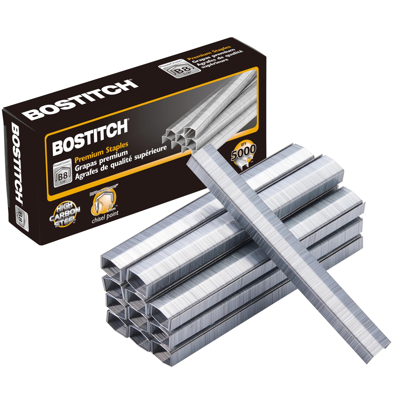 Bostitch Office B8 PowerCrown 0.25 Inch Staples, Pack 5,000 Silver