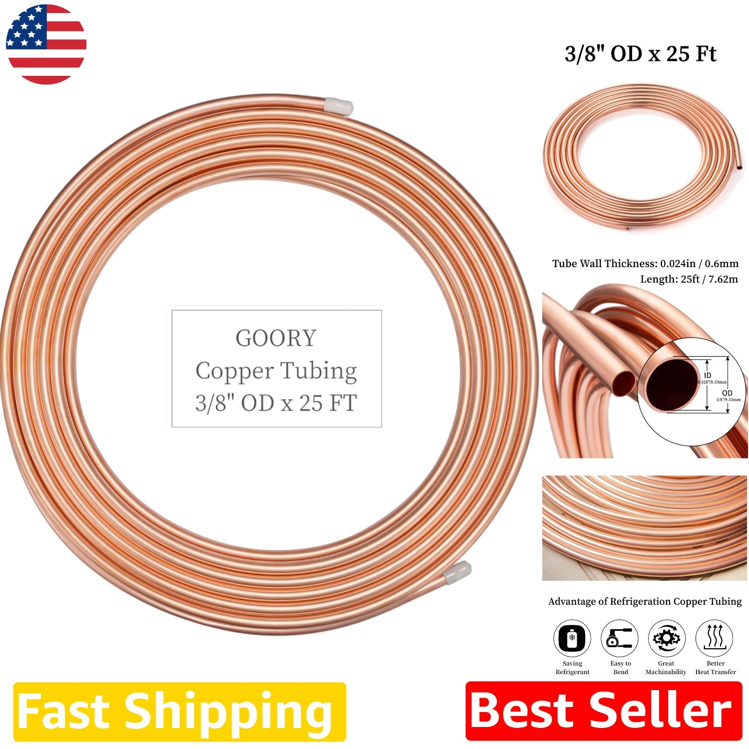 3/8″ OD Copper Tubing 25ft Coil – ASTM B280 Seamless Refrigeration